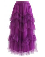 Exquisite Tiered Ruffle Mesh Tulle Skirt in Magenta