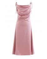 Ruched Cowl Neck Satin Cami Dress in Pink