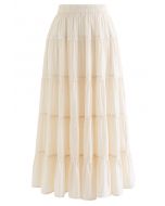 Scalloped Lace Pleated Frilling Midi Skirt in Cream