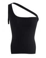 Button Strap One-Shoulder Knit Tank Top in Black