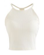 Halter Neck Racer Back Ribbed Top in Cream