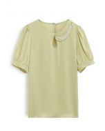 Necklace Short Sleeve Satin Top in Mustard