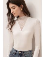 Lacy Spliced V-Neck Fitted Top in White