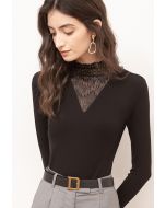 Lacy Spliced V-Neck Fitted Top in Black