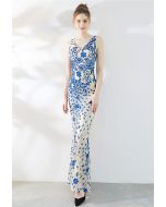 Floral Vine Sequined Mesh Mermaid Gown in Indigo