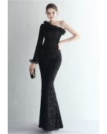 One-Shoulder Organza Trim Sequined Gown in Black