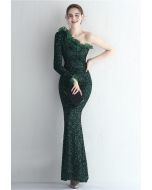 One-Shoulder Organza Trim Sequined Gown in Emerald