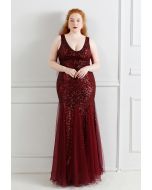 Mesh Panelled Sequined Mermaid Gown in Burgundy