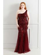 One-Shoulder Floral Lattice Sequined Mesh Gown in Burgundy