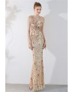 Floral Vine Sequined Mesh Mermaid Gown in Champagne