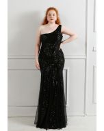 One-Shoulder Floral Lattice Sequined Mesh Gown in Black