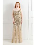 One-Shoulder Floral Lattice Sequined Mesh Gown in Gold