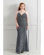 Mesh Inserted Sequined Mermaid Cami Gown in Smoke