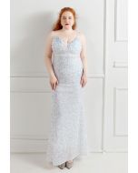 Mesh Inserted Sequined Mermaid Cami Gown in White