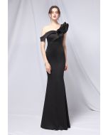 Ruffle One-Shoulder Mermaid Satin Gown in Black