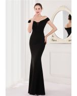 Off-Shoulder Mesh Inserted Satin Gown in Black