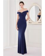 Off-Shoulder Mesh Inserted Satin Gown in Navy