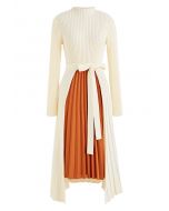 Front Pleats Splicing Belted Hi-Lo Knit Dress in Cream