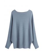 Boat Neck Batwing Sleeves Knit Top in Dusty Blue