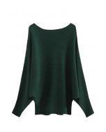 Boat Neck Batwing Sleeves Knit Top in Dark Green