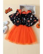 Kids' Halloween Ghost Pumpkin Mesh Dress with Hooded Cape 