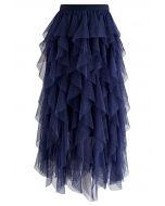 Dots Full Ruffled Tulle Skirt in Navy