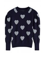 Metallic Heart Puff Shoulder Knit Sweater in Navy