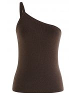 Strappy One-Shoulder Knit Tank Top in Brown