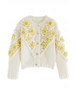 Yellow Stitch Flower Pom-Pom Knit Cardigan