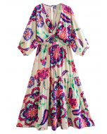 Floral Paisley Print Twist V-Neck Midi Dress