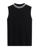 Pearl Embellished Mock Neck Sleeveless Knit Top in Black