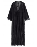 Slit Cuffs Floral Lace Kimono in Black