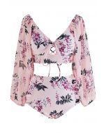 Pink Floral Semi-Sheer Sleeve Bikini Set