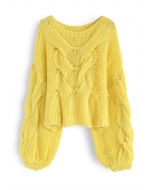 Hand-Knit Puff Sleeves Sweater in Yellow