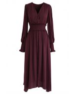 Satin Button Down Wrap Midi Dress in Wine