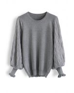 Shiny Lines Puff Sleeves Knit Top in Grey