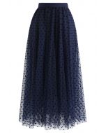 Full Polka Dots Double-Layered Mesh Tulle Skirt in Navy